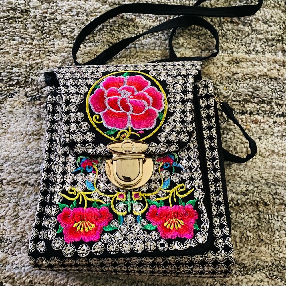 Black Crossbody Bag with Pink Floral Embroidery